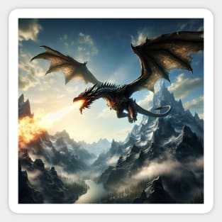 Unveiling the Majestic Sight: A Fire-Breathing Dragon Soaring Over the Mountain Peaks in Stunning Detail Sticker